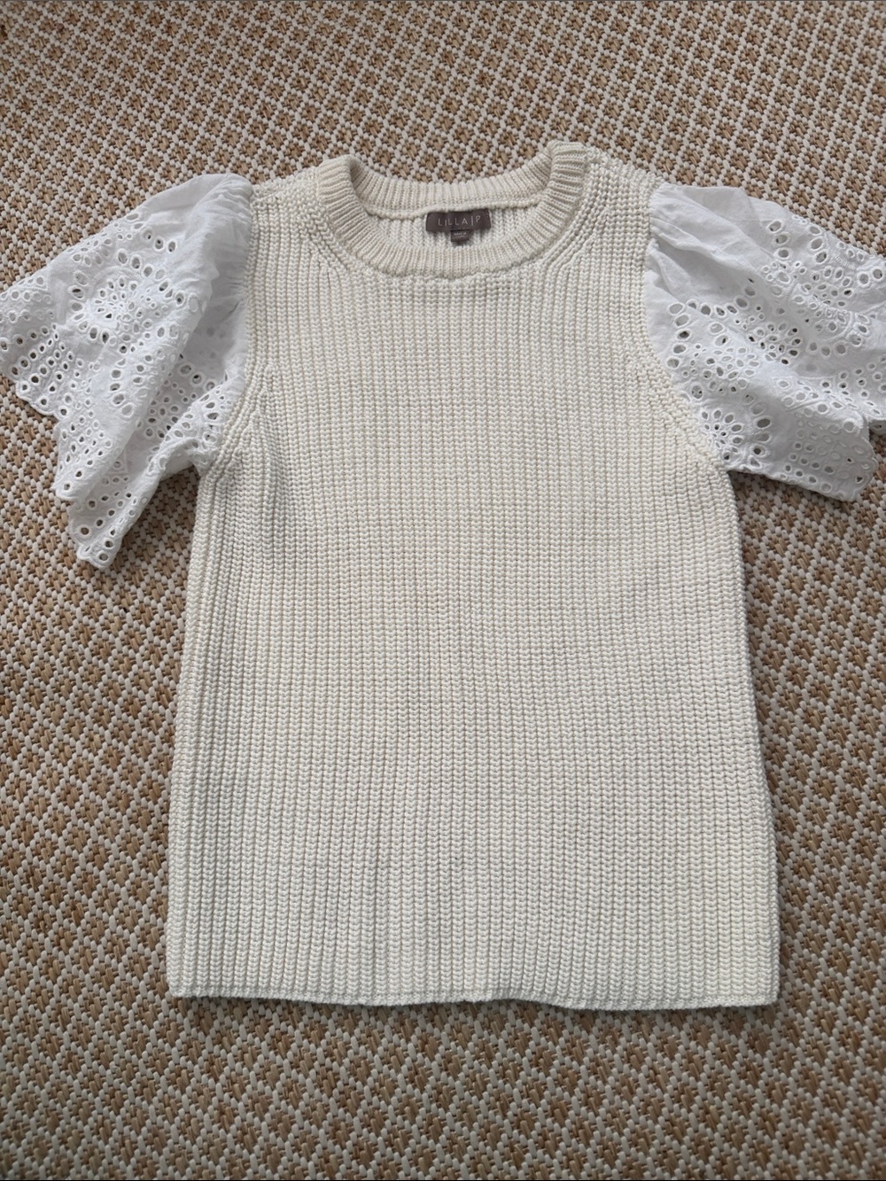 Lilla P Cream Knit Top with Eyelet Puff Sleeves